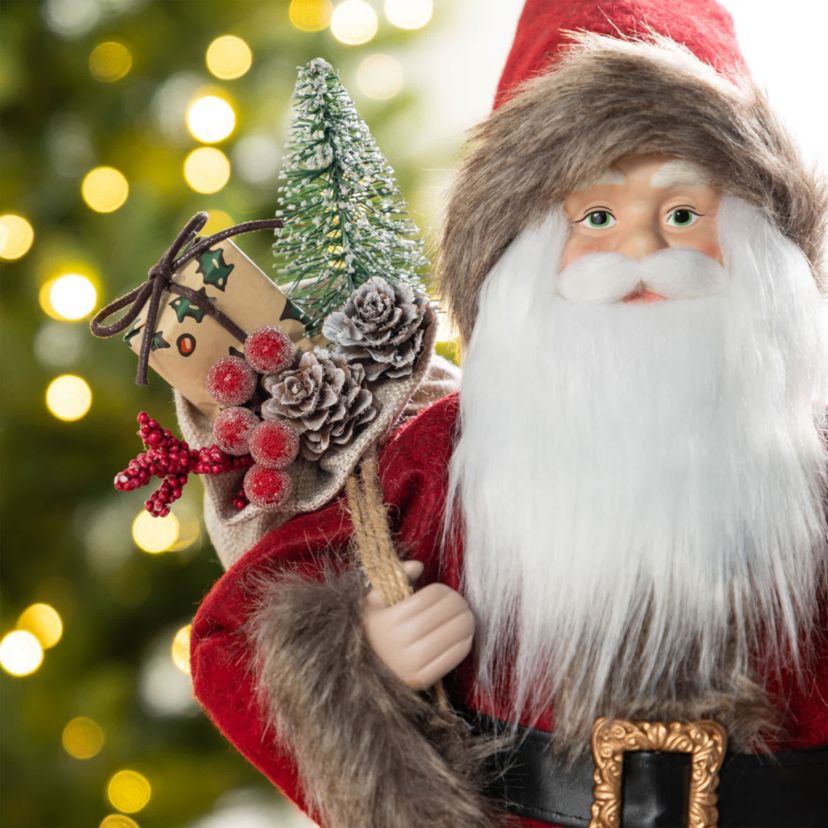 18"H Faux Fur Christmas Woodland Santa Figurine with Porcelain Face
