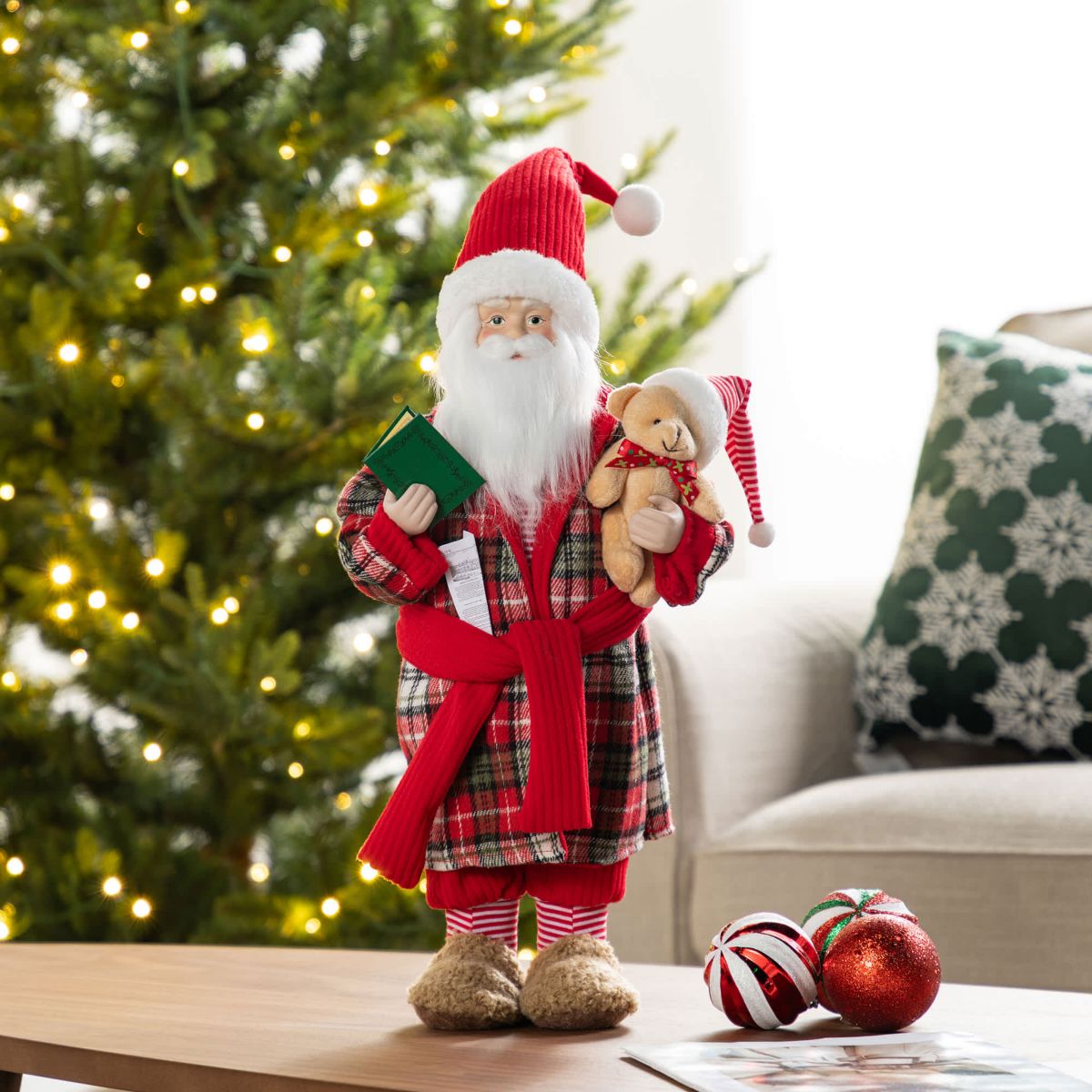 18"H Faux Fur Christmas Bathrobe Santa Figurine with Porcelain Face