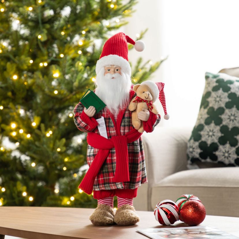 18"H Faux Fur Christmas Bathrobe Santa Figurine with Porcelain Face