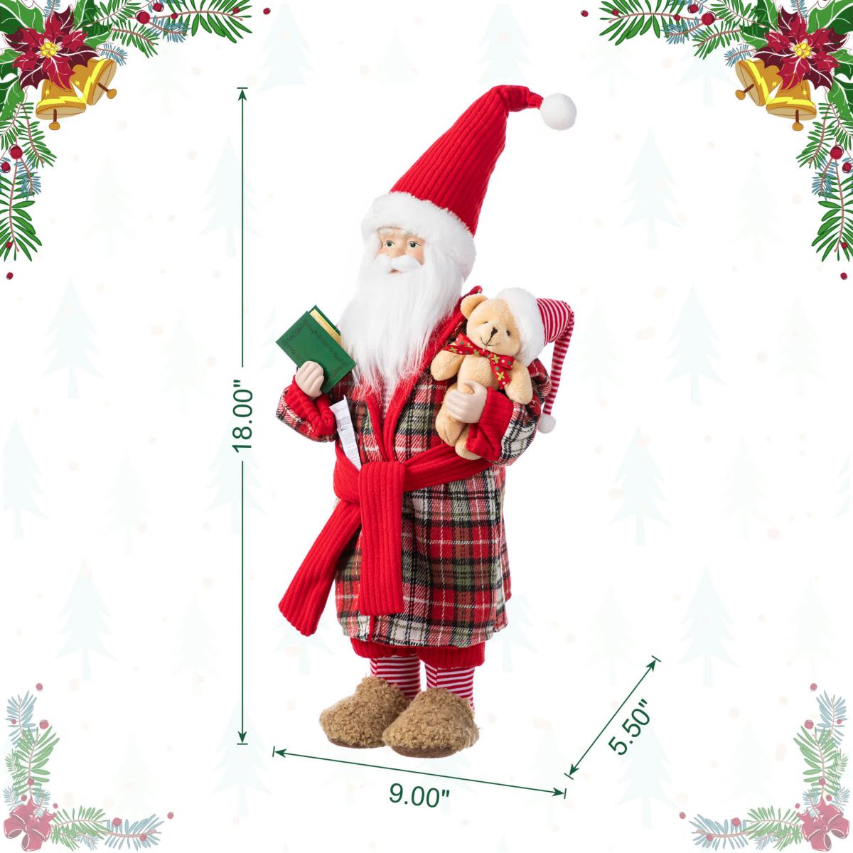 18"H Faux Fur Christmas Bathrobe Santa Figurine with Porcelain Face