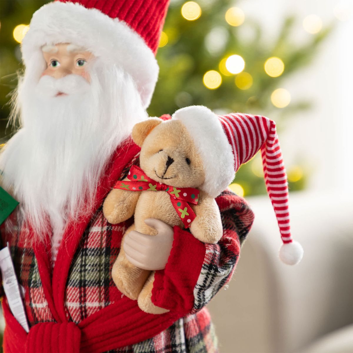 18"H Faux Fur Christmas Bathrobe Santa Figurine with Porcelain Face