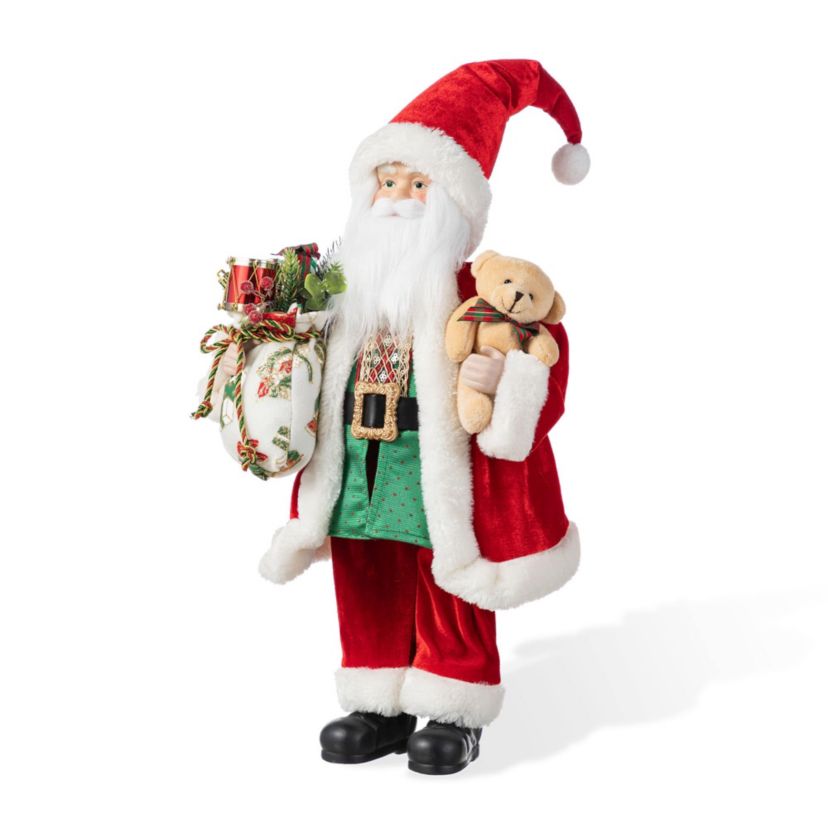 18"H Faux Fur Christmas Traditional Santa Figurine with Porcelain Face