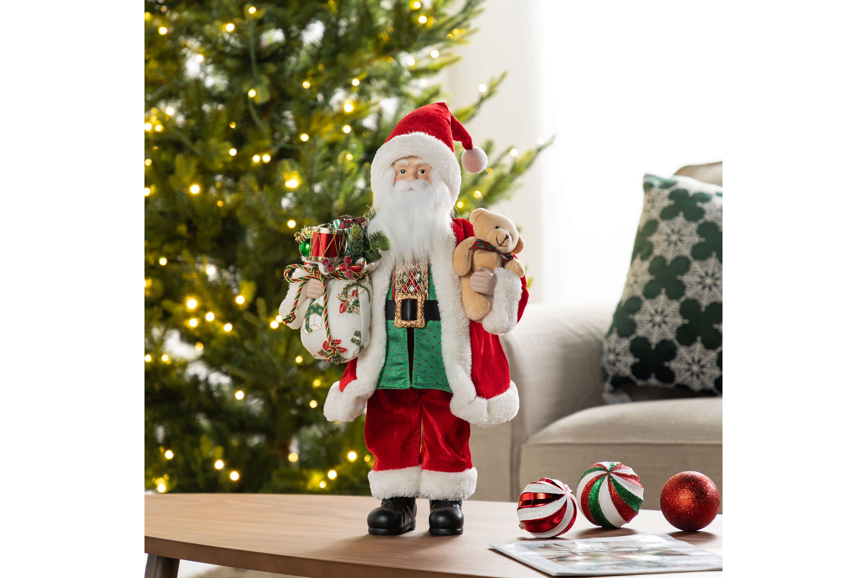 18"H Faux Fur Christmas Traditional Santa Figurine with Porcelain Face