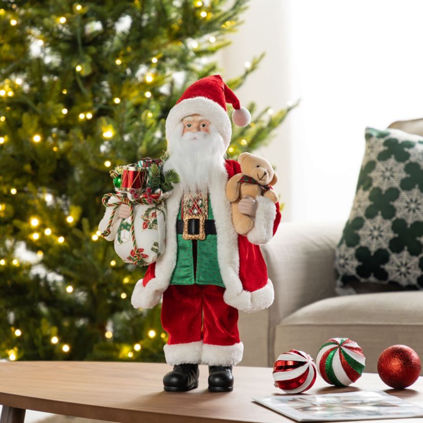 18"H Faux Fur Christmas Traditional Santa Figurine with Porcelain Face