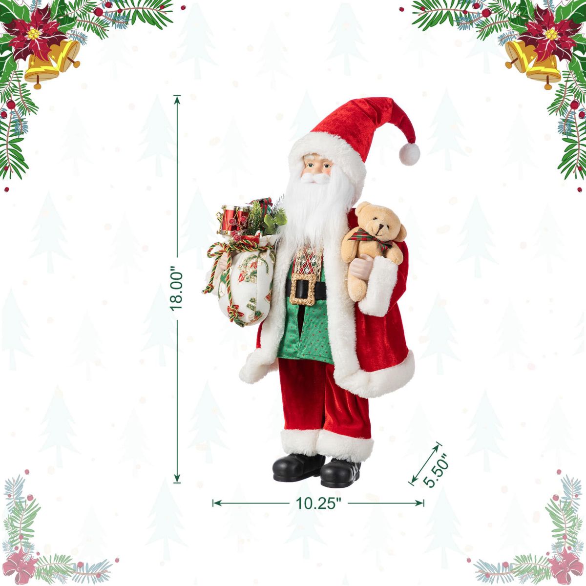 18"H Faux Fur Christmas Traditional Santa Figurine with Porcelain Face