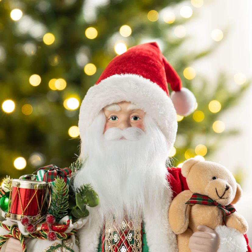 18"H Faux Fur Christmas Traditional Santa Figurine with Porcelain Face