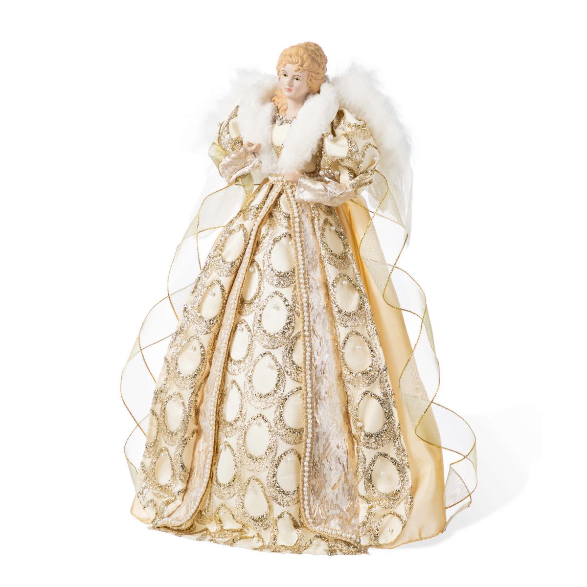18.5"H Faux Fur & PVC Christmas Elegant Angel Tree Topper with Porcelain Face