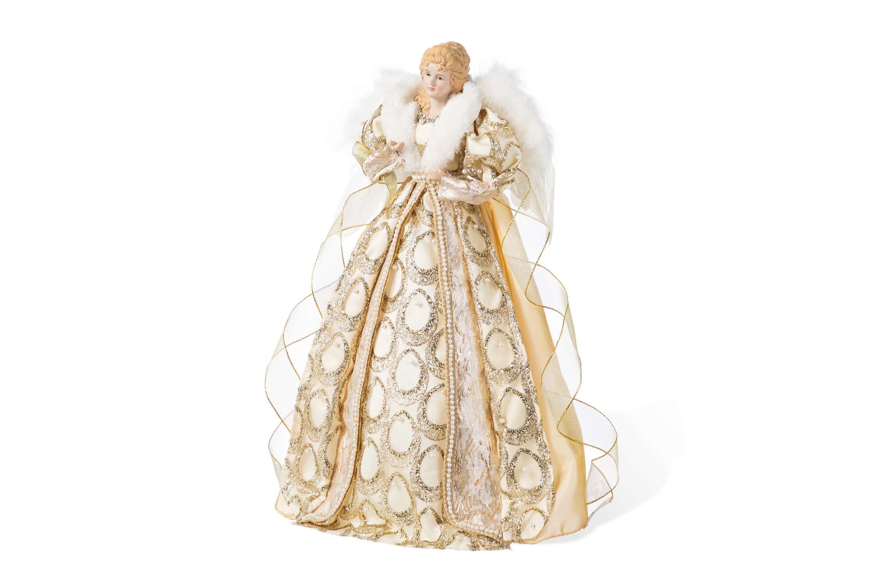 18.5"H Faux Fur & PVC Christmas Elegant Angel Tree Topper with Porcelain Face