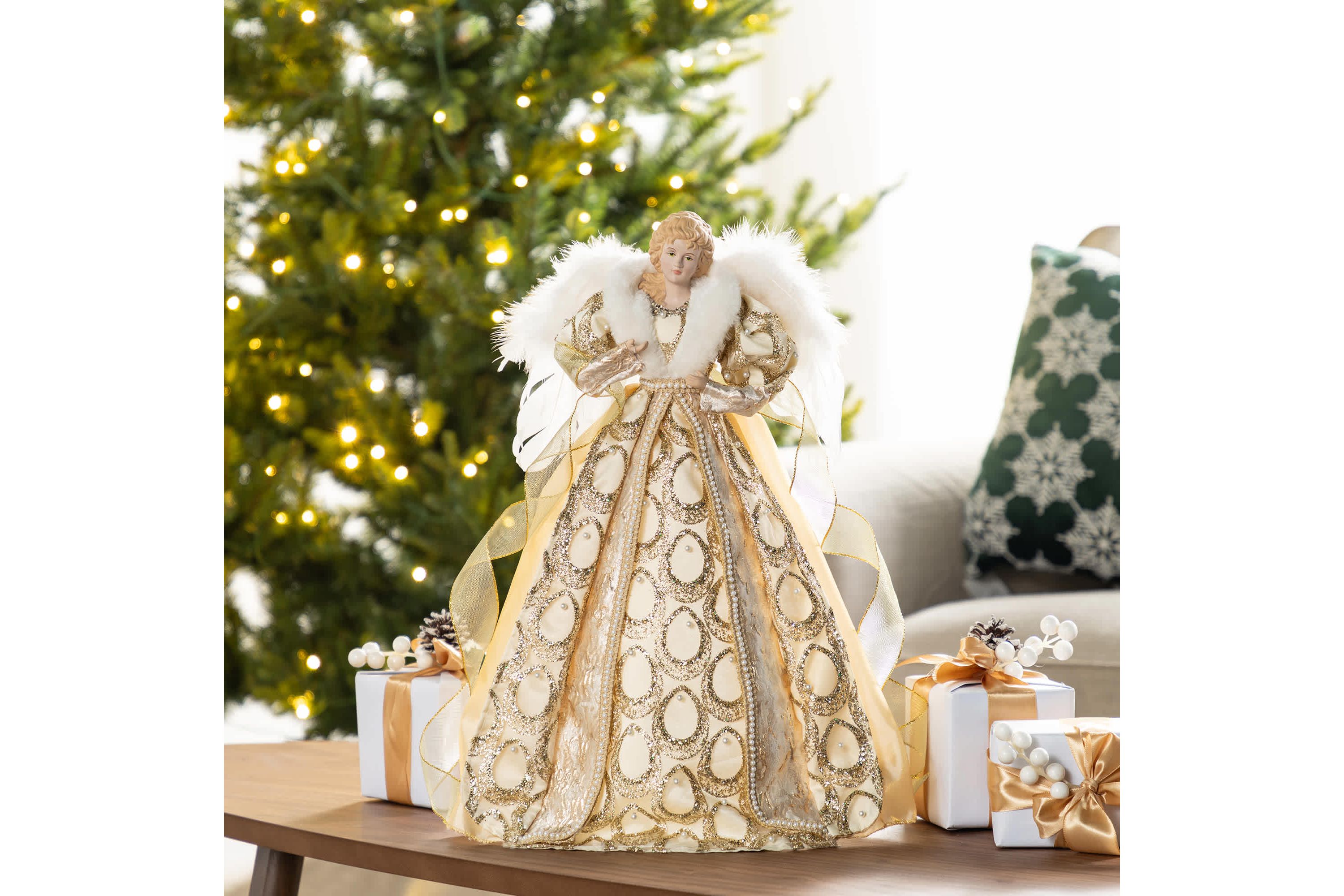18.5"H Faux Fur & PVC Christmas Elegant Angel Tree Topper with Porcelain Face