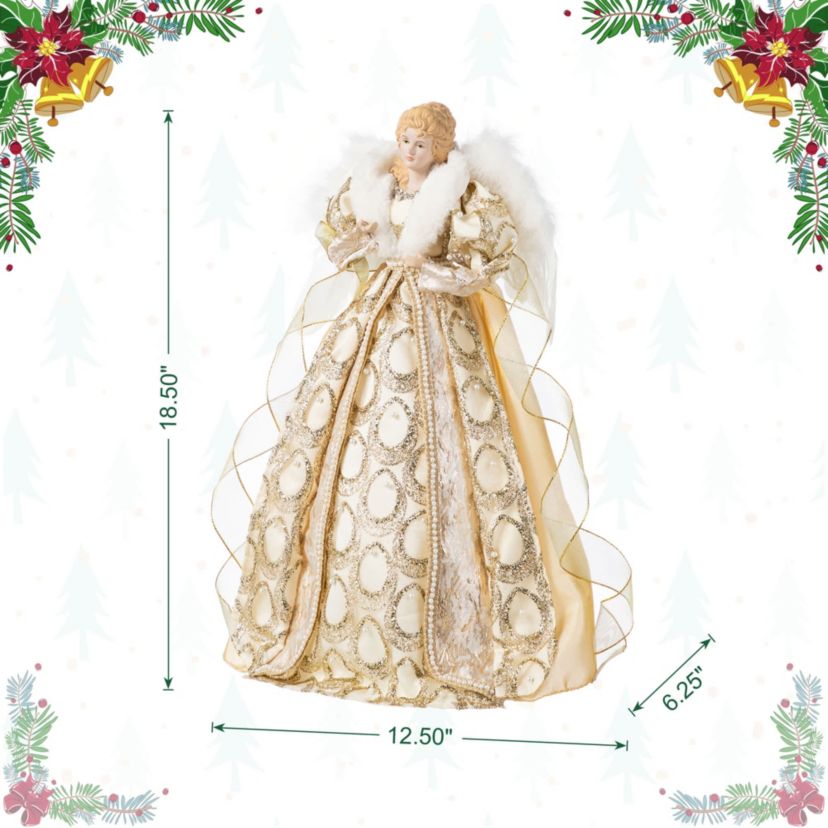 18.5"H Faux Fur & PVC Christmas Elegant Angel Tree Topper with Porcelain Face