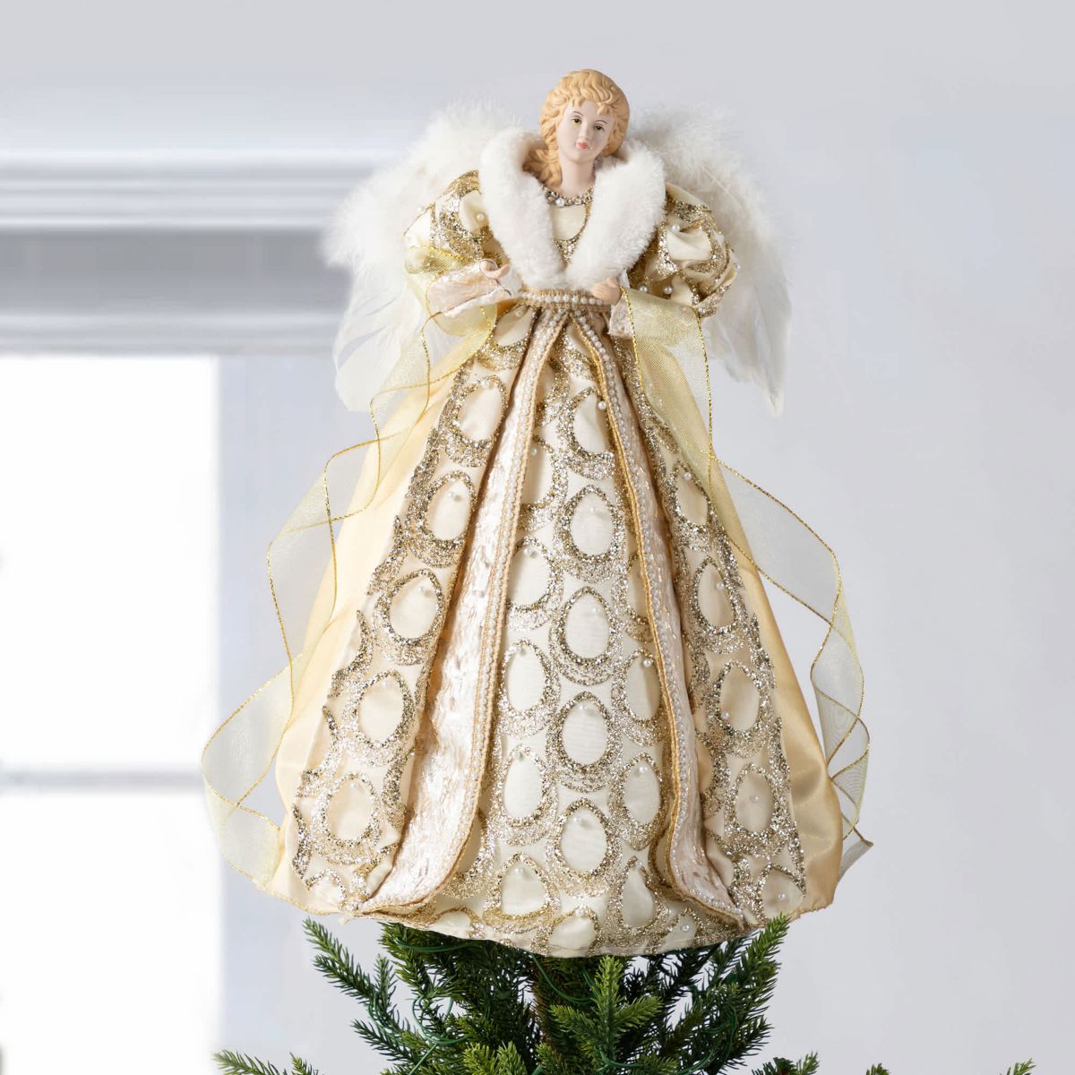 18.5"H Faux Fur & PVC Christmas Elegant Angel Tree Topper with Porcelain Face