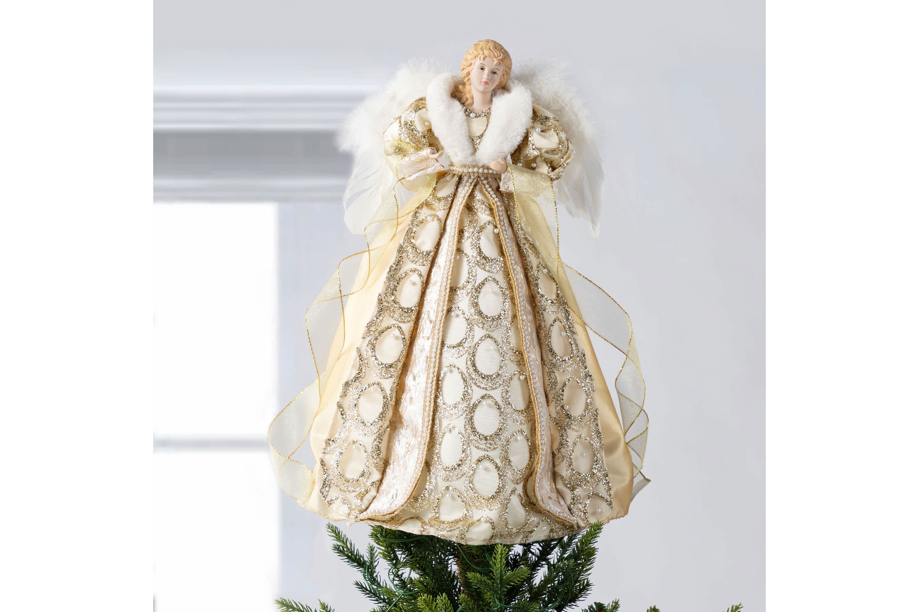 18.5"H Faux Fur & PVC Christmas Elegant Angel Tree Topper with Porcelain Face