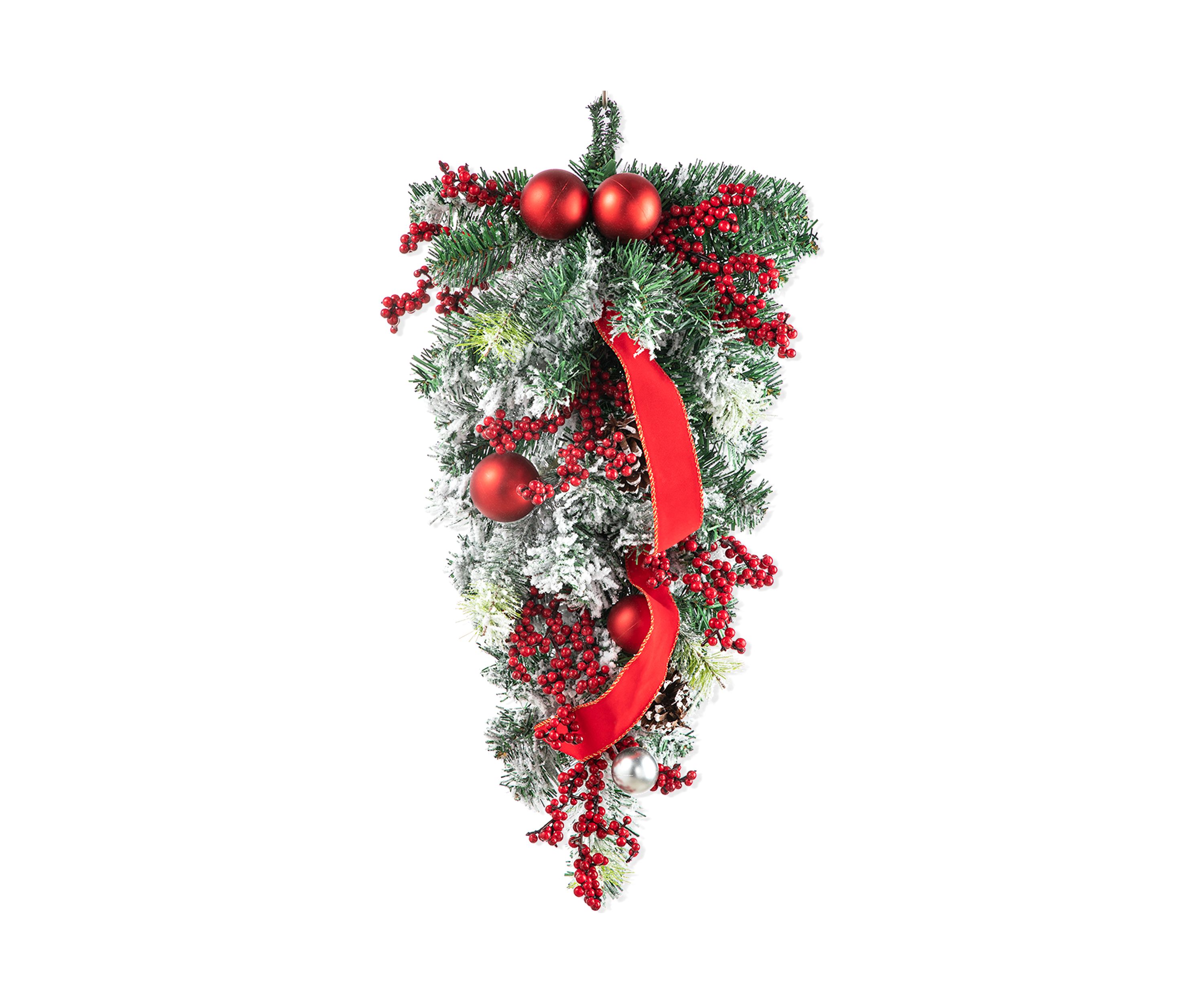 25-inchH Flocked Berry, Ornament and Pinecone Ribbon Teardrop