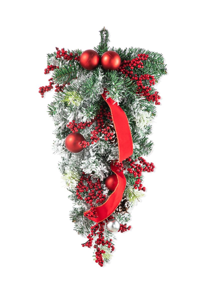 25-inchH Flocked Berry, Ornament and Pinecone Ribbon Teardrop
