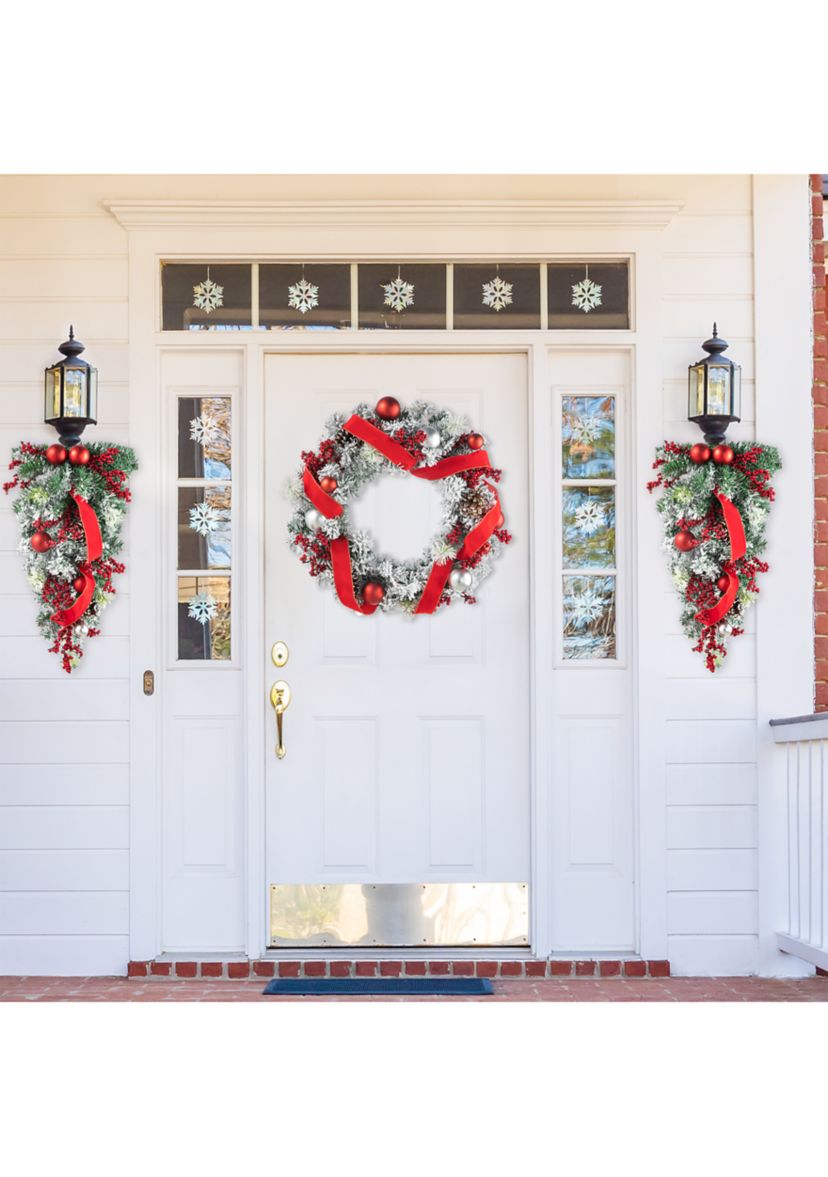 25-inchH Flocked Berry, Ornament and Pinecone Ribbon Teardrop
