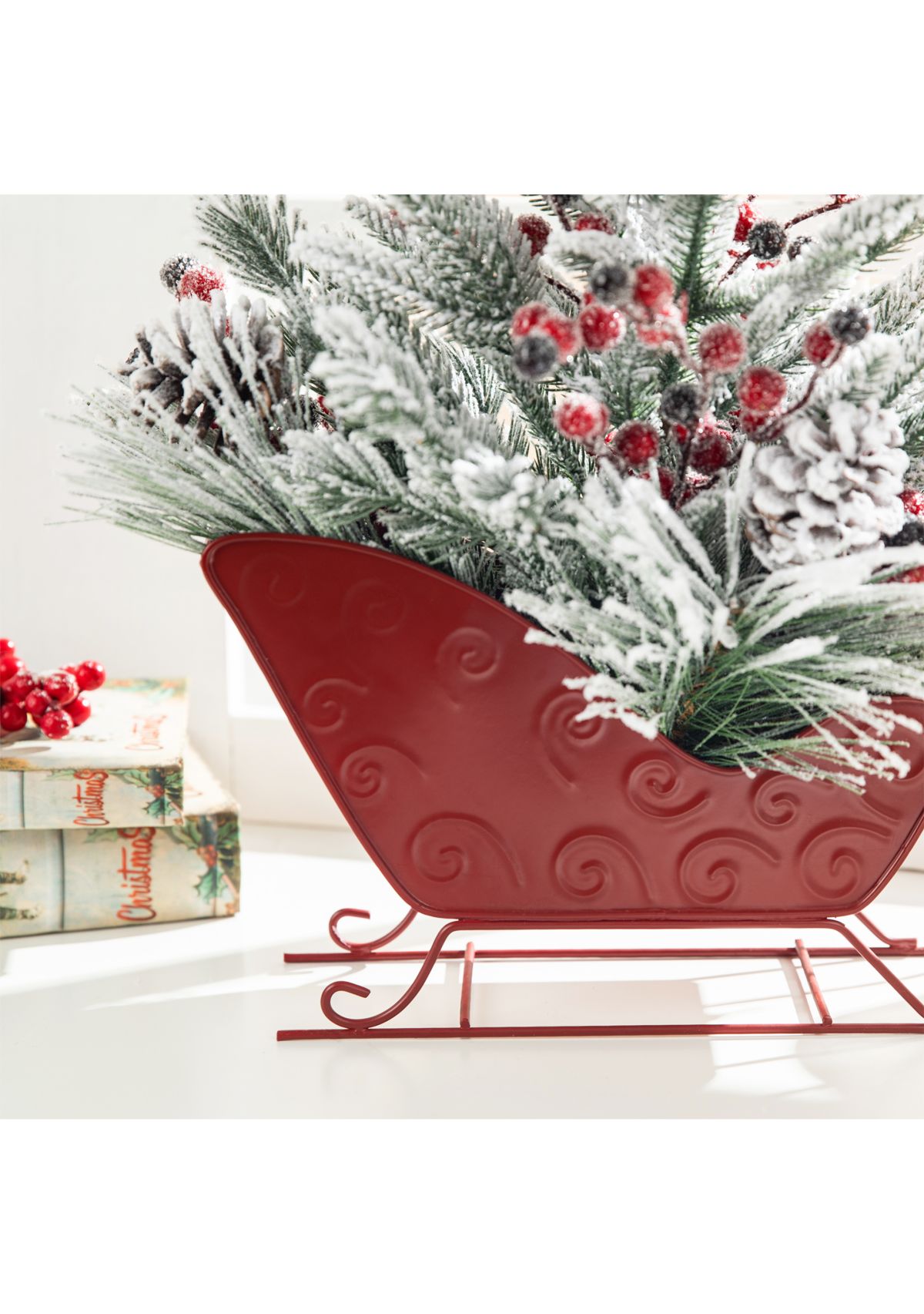 21-inchH Christmas Red Sleigh Frosted Floral Centerpiece