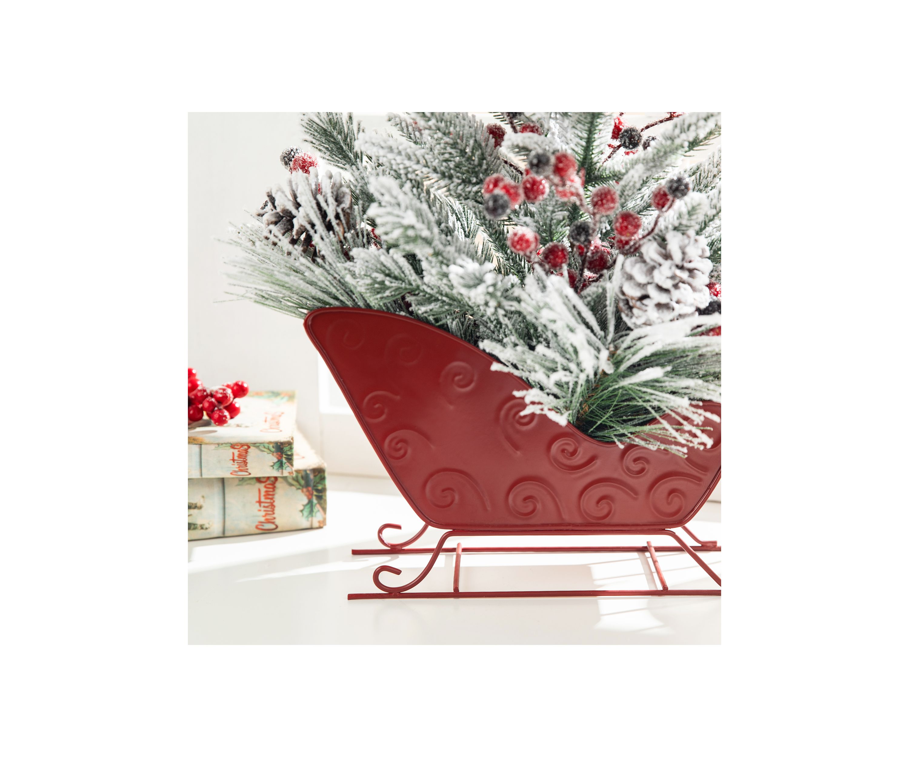 21-inchH Christmas Red Sleigh Frosted Floral Centerpiece