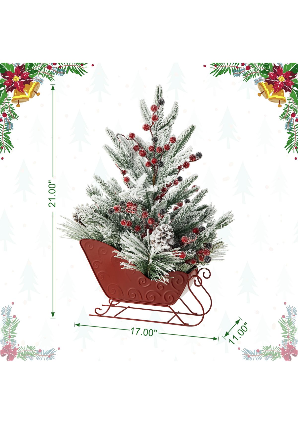 21-inchH Christmas Red Sleigh Frosted Floral Centerpiece
