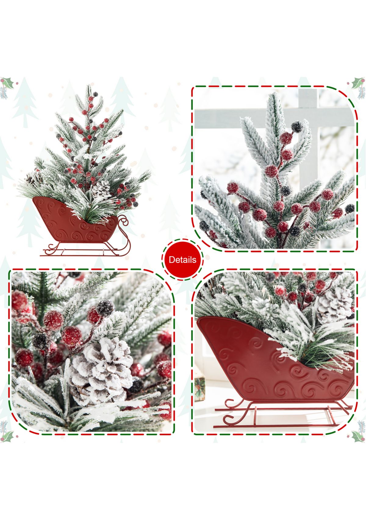 21-inchH Christmas Red Sleigh Frosted Floral Centerpiece