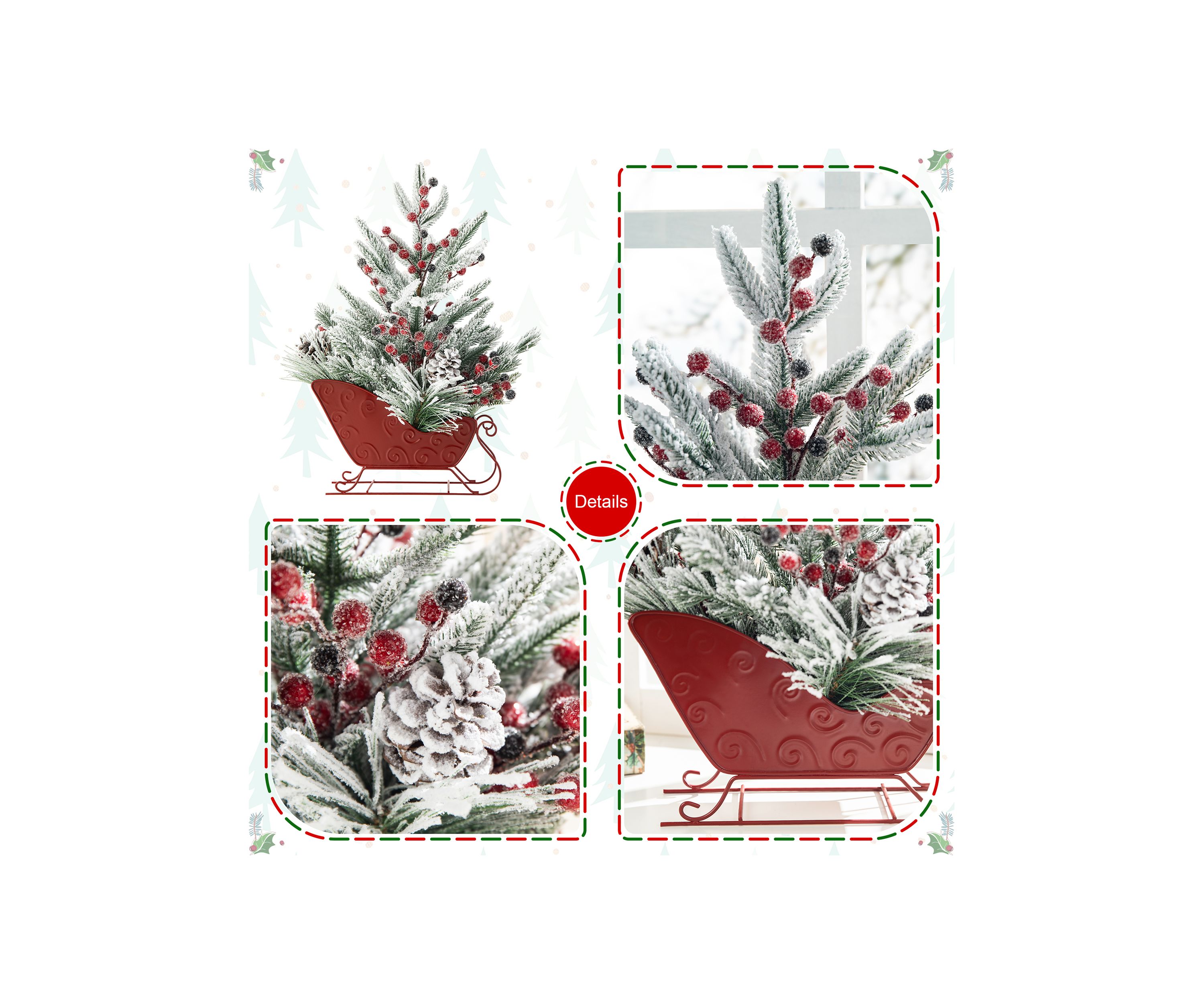 21-inchH Christmas Red Sleigh Frosted Floral Centerpiece