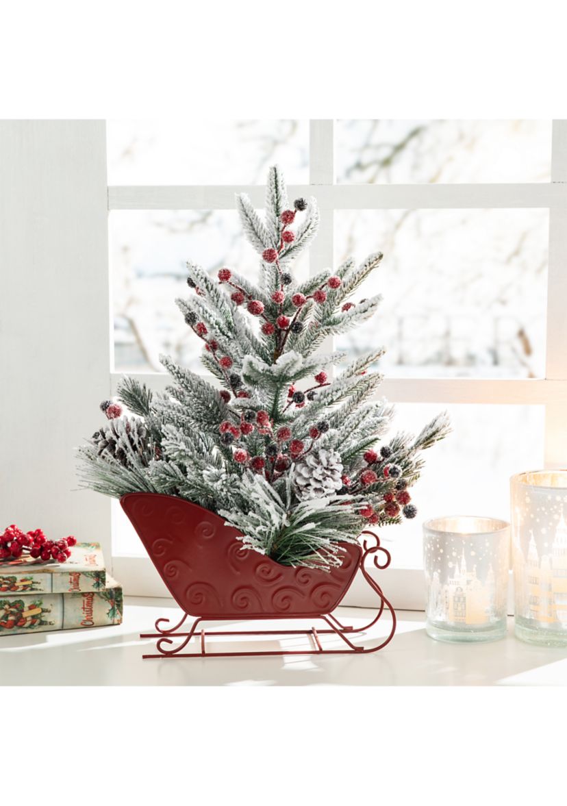 21-inchH Christmas Red Sleigh Frosted Floral Centerpiece