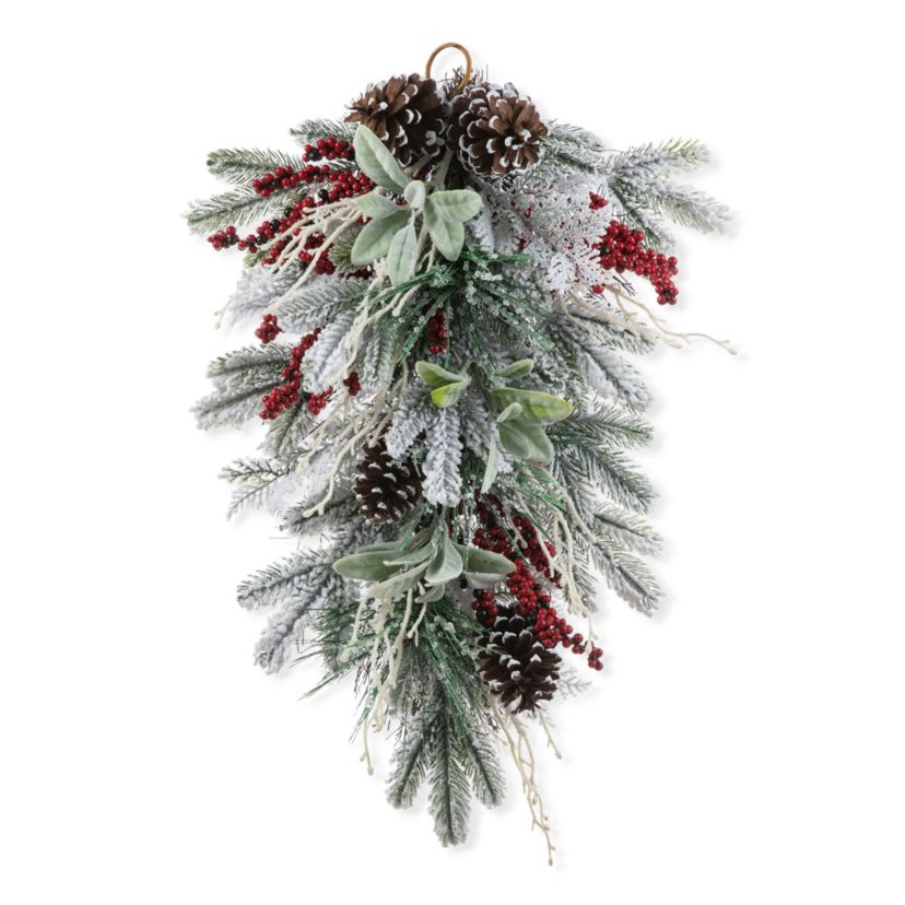 28"H Christmas Flocked Pinecone & Berry Teardrop