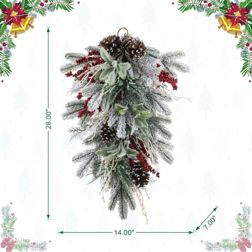 28"H Christmas Flocked Pinecone & Berry Teardrop