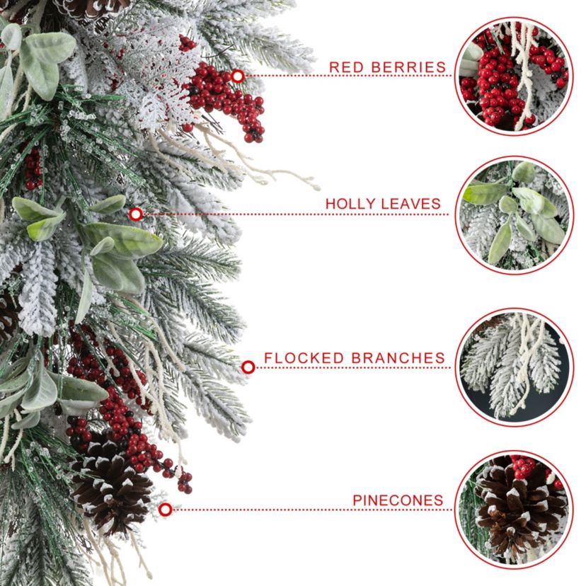 28"H Christmas Flocked Pinecone & Berry Teardrop