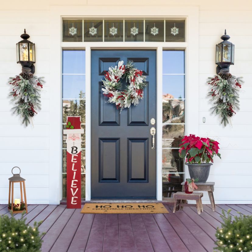 28"H Christmas Flocked Pinecone & Berry Teardrop