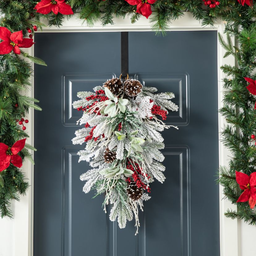 28"H Christmas Flocked Pinecone & Berry Teardrop