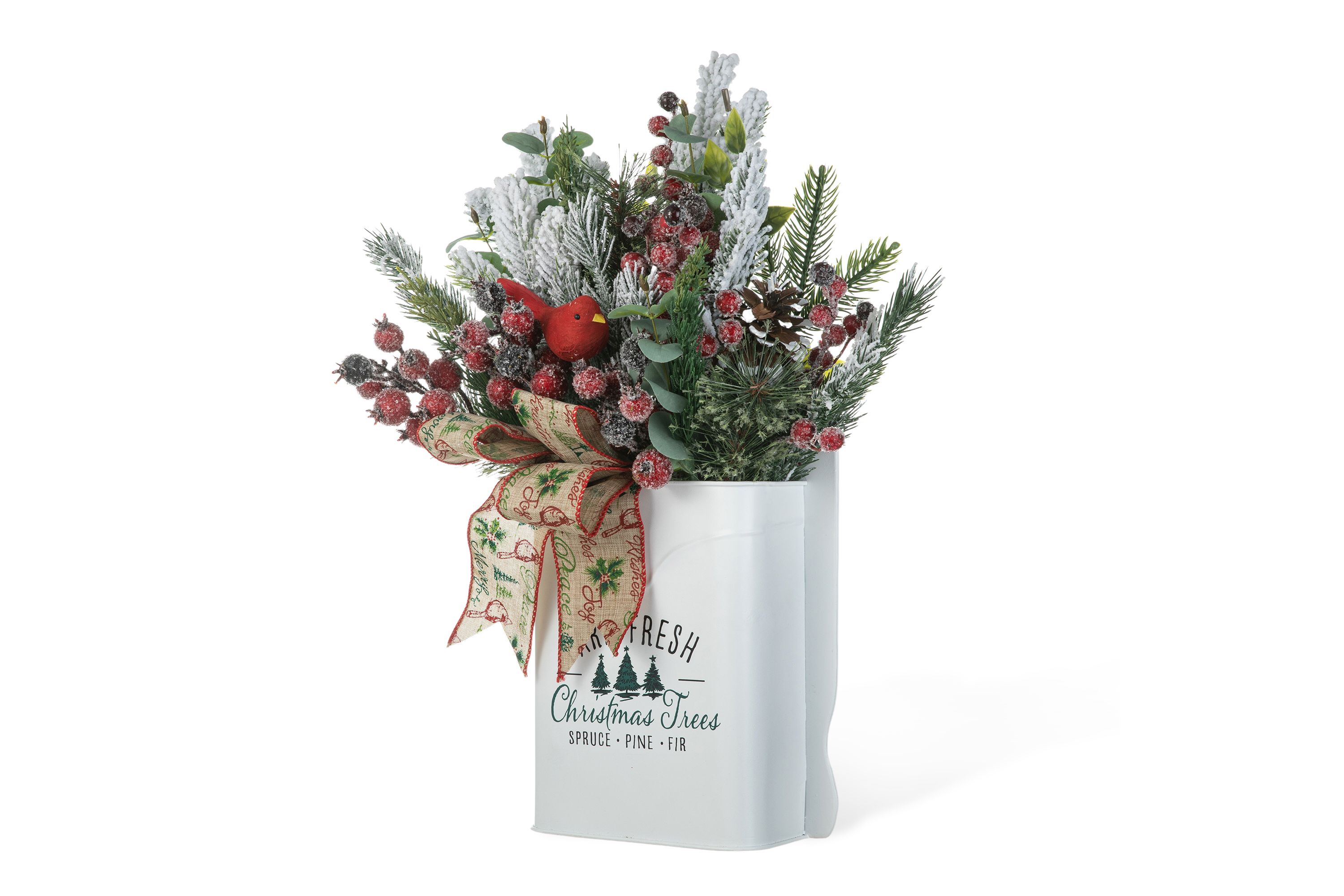 21"H Christmas Pine Needle & Berry Ribbon Centerpiece