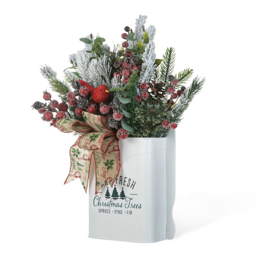 21"H Christmas Pine Needle & Berry Ribbon Centerpiece