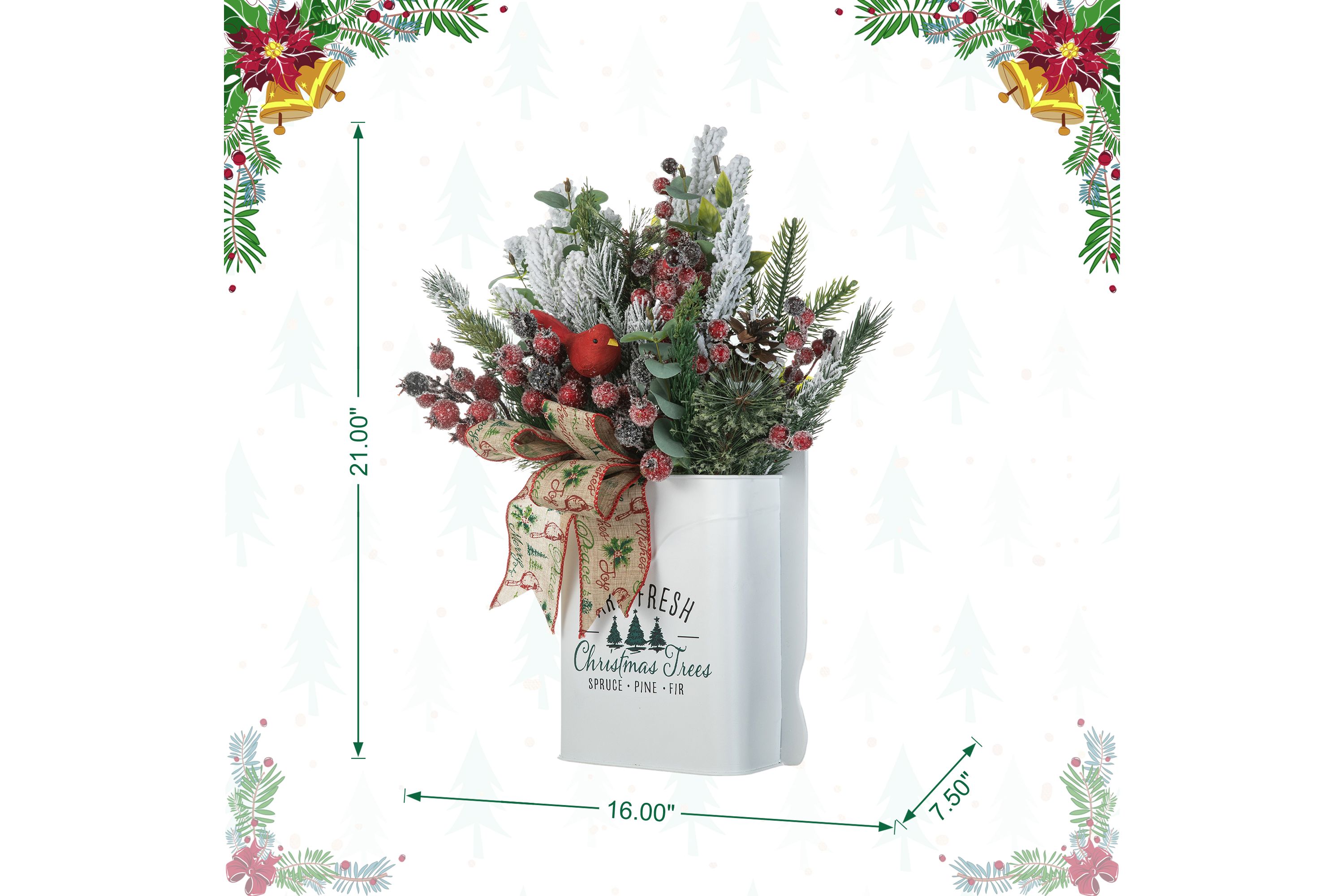 21"H Christmas Pine Needle & Berry Ribbon Centerpiece