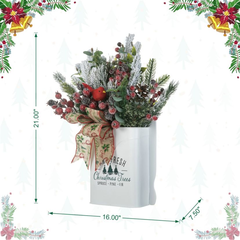 21"H Christmas Pine Needle & Berry Ribbon Centerpiece
