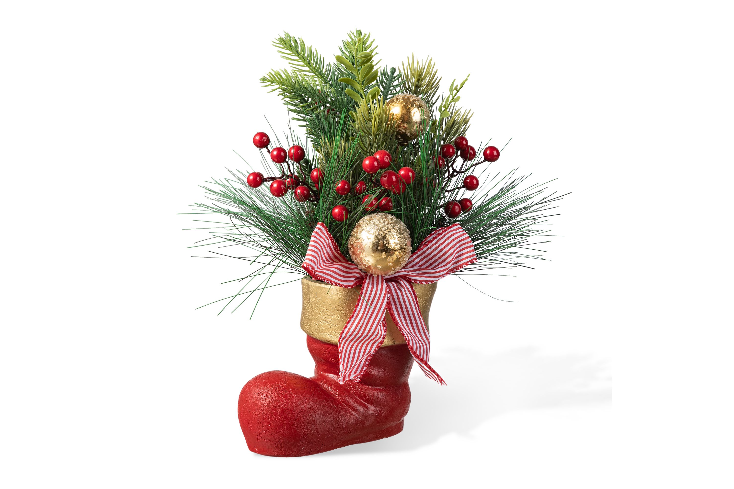 14"H Christmas Red Boot with Pine Needle & Berry Centerpiece