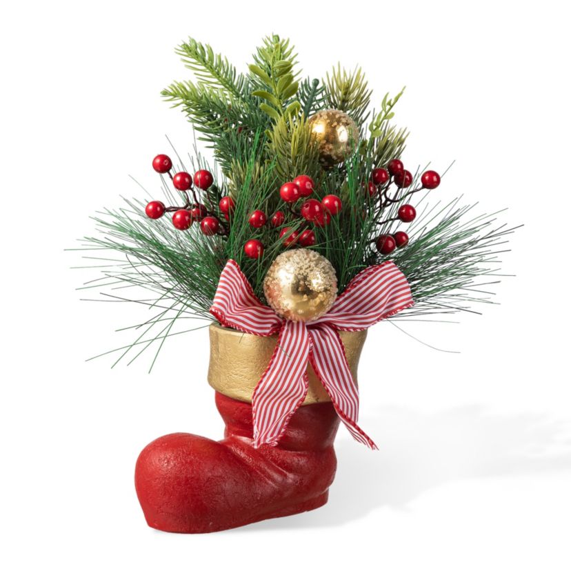 14"H Christmas Red Boot with Pine Needle & Berry Centerpiece