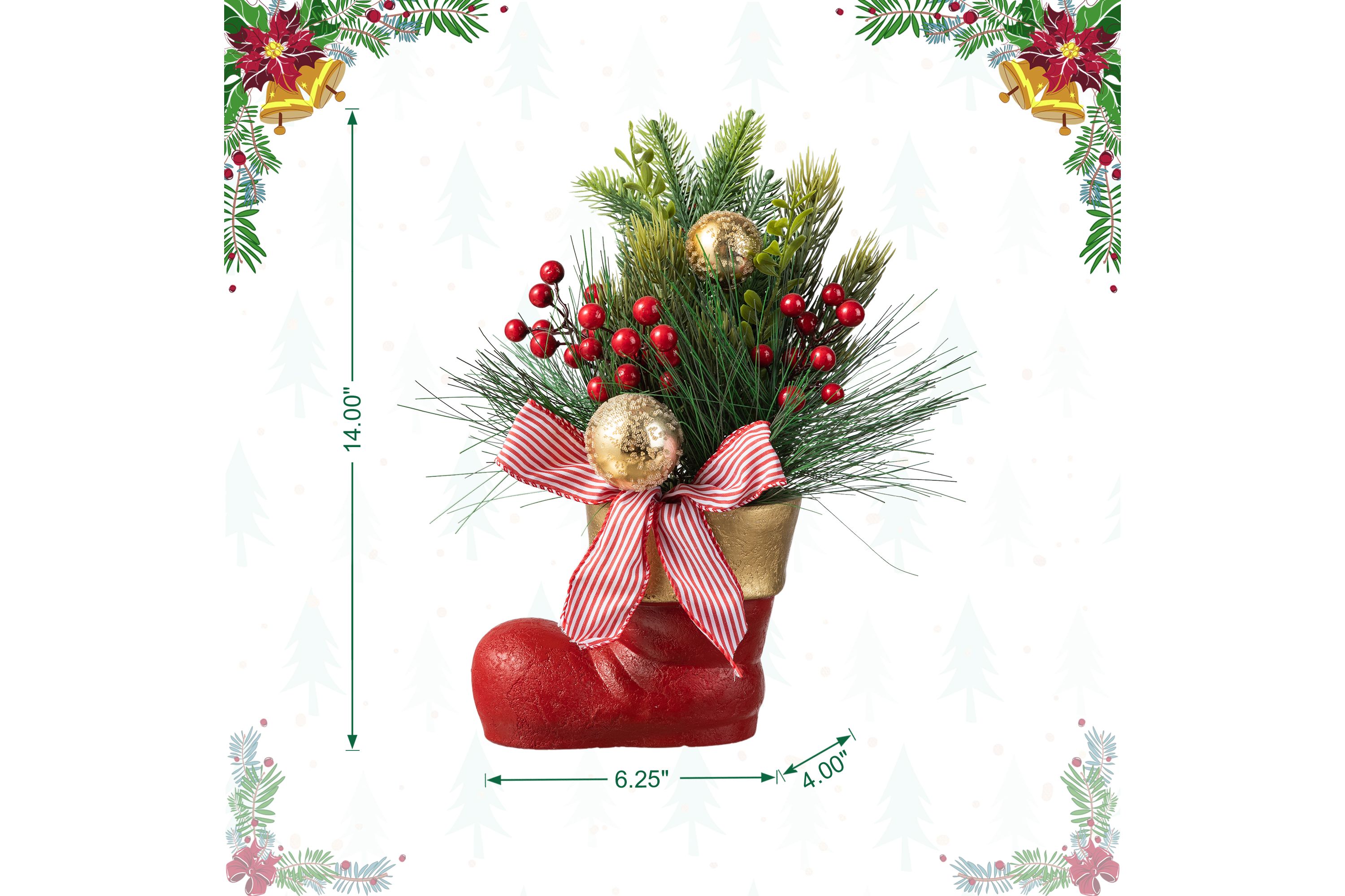 14"H Christmas Red Boot with Pine Needle & Berry Centerpiece