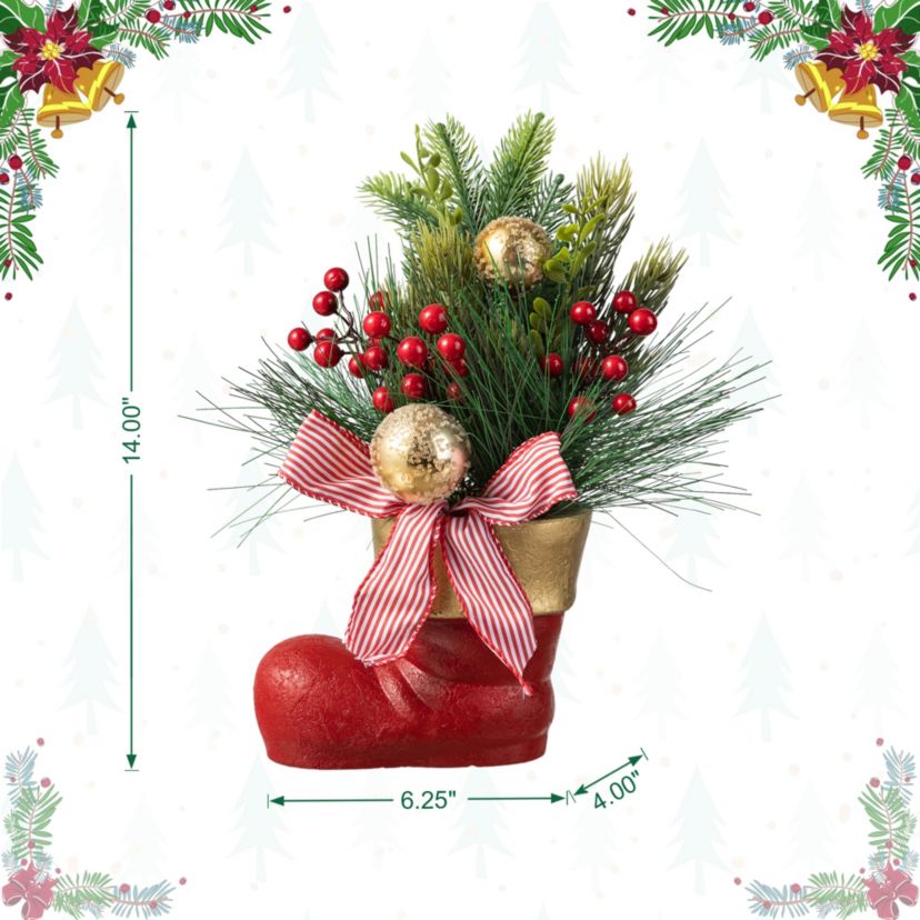 14"H Christmas Red Boot with Pine Needle & Berry Centerpiece