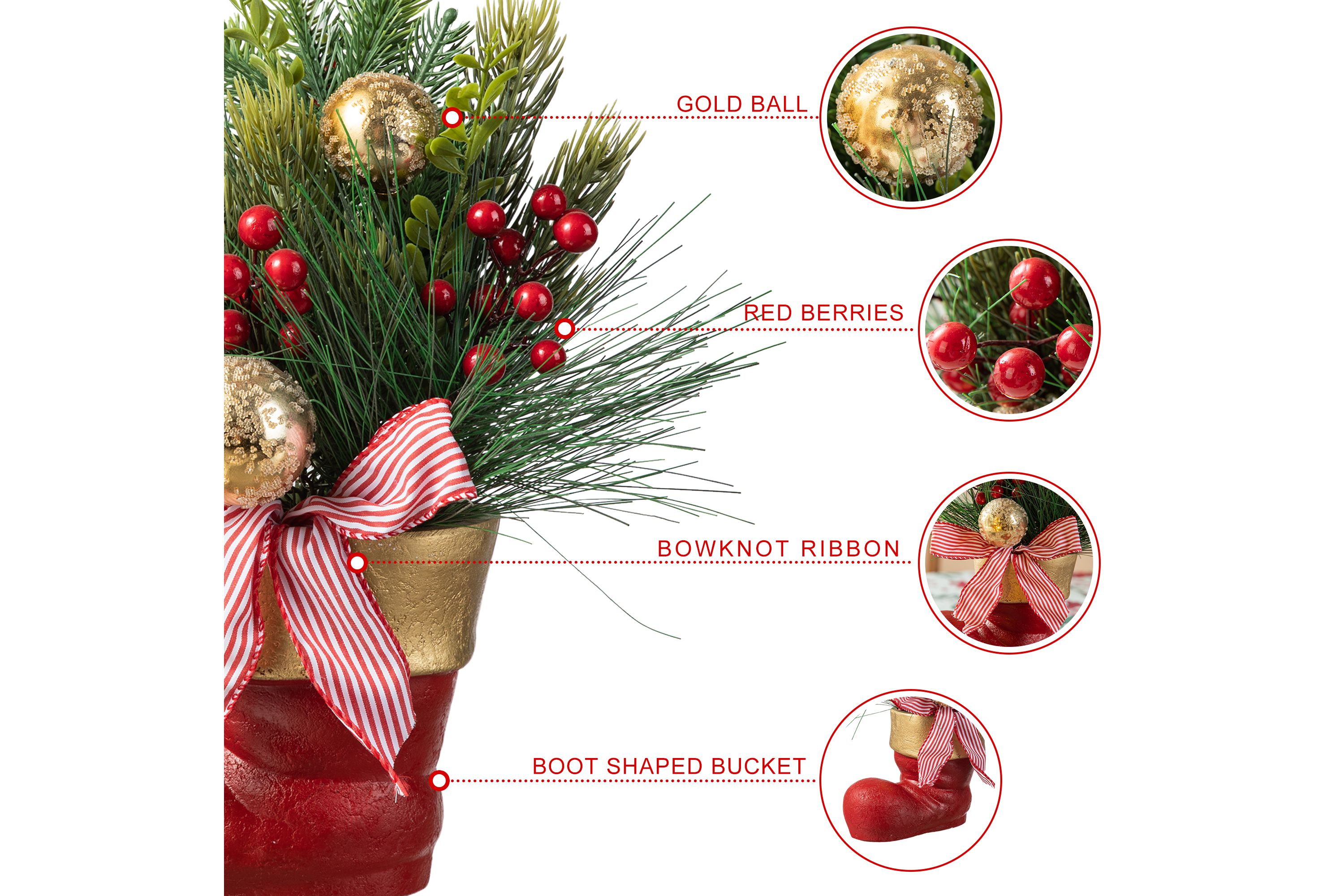 14"H Christmas Red Boot with Pine Needle & Berry Centerpiece