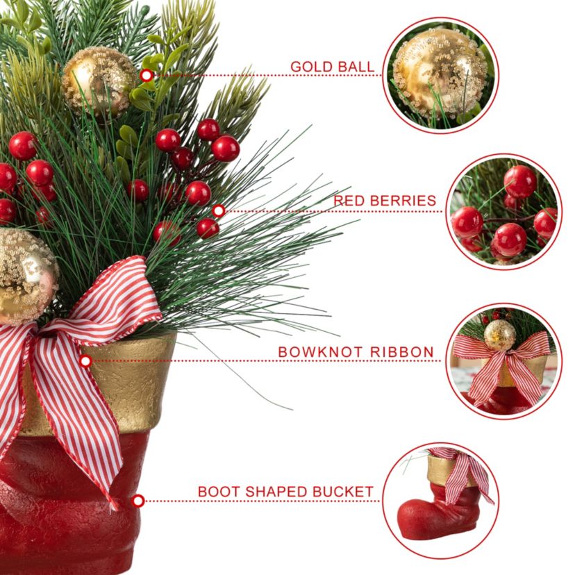 14"H Christmas Red Boot with Pine Needle & Berry Centerpiece