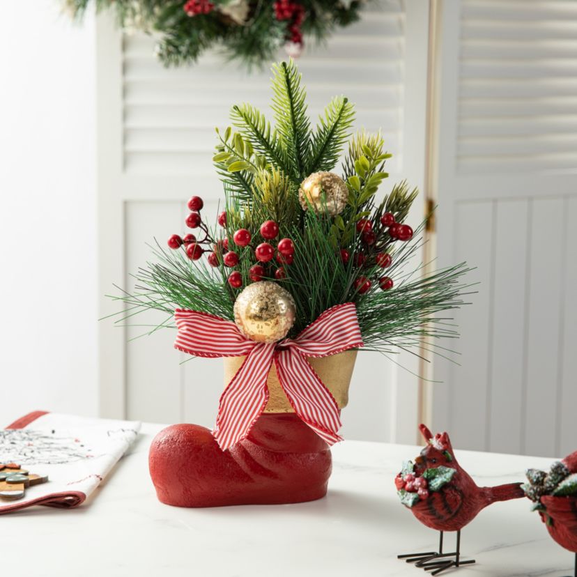14"H Christmas Red Boot with Pine Needle & Berry Centerpiece