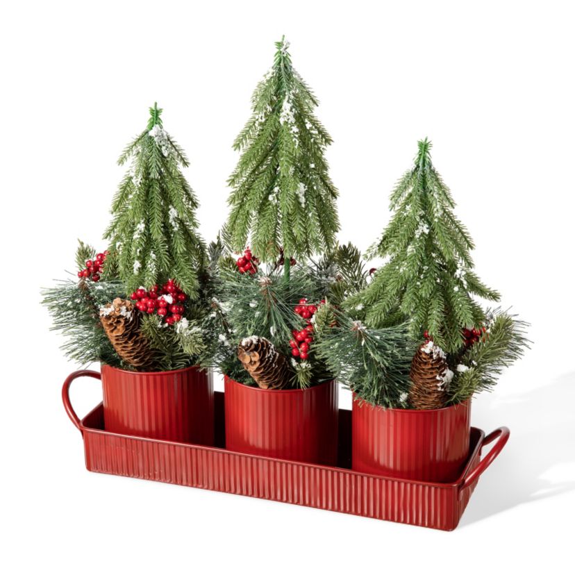 21"L Christmas Metal Potted Triple Trees Centerpiece or Table Tree