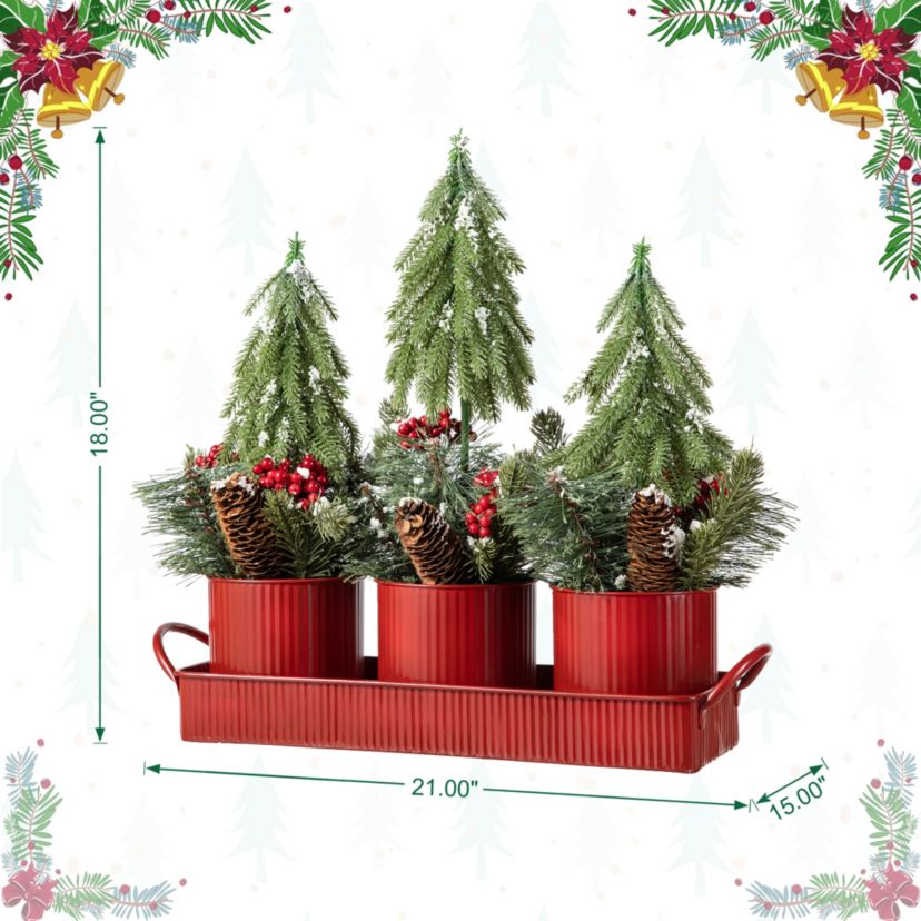 21"L Christmas Metal Potted Triple Trees Centerpiece or Table Tree