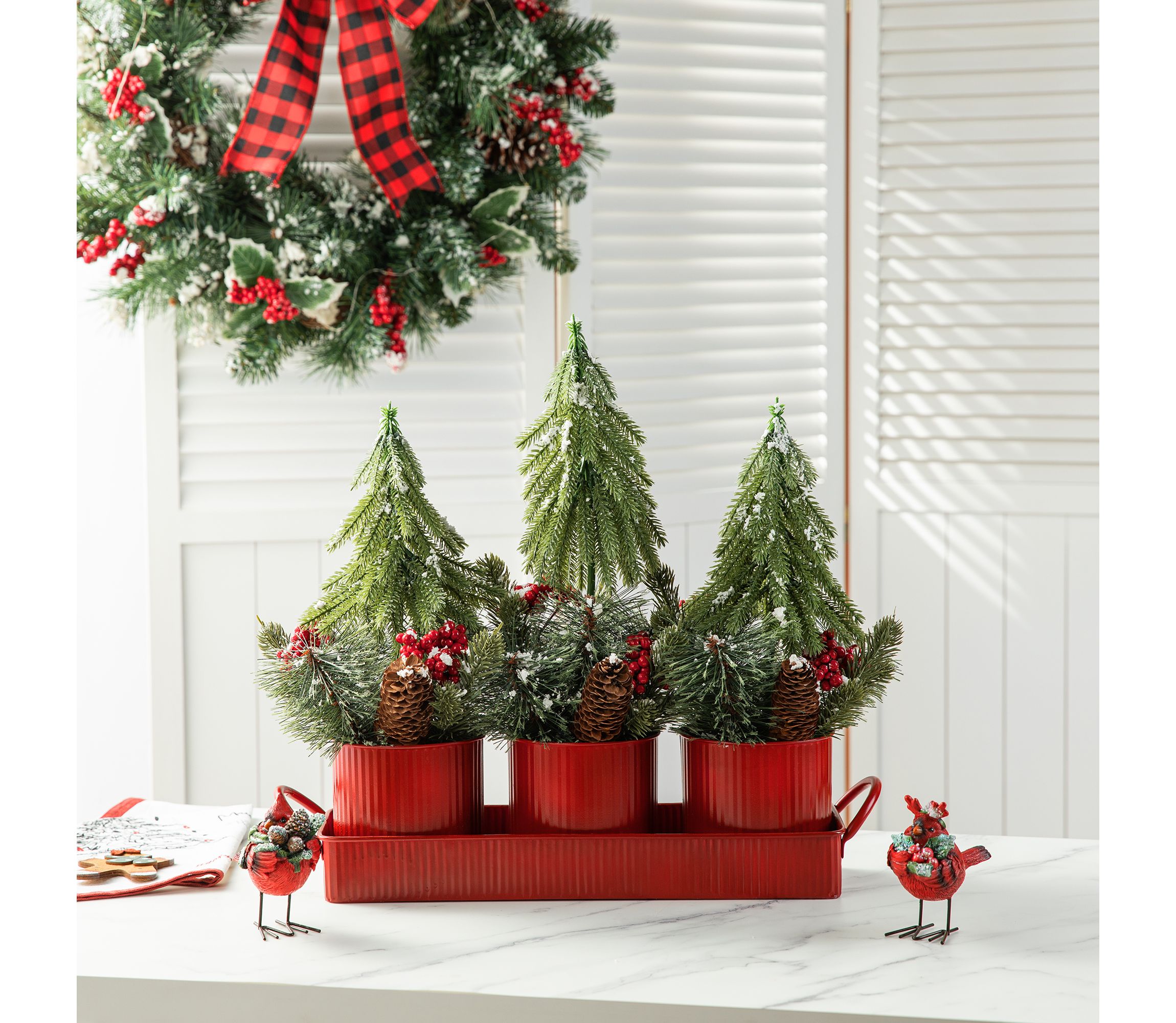 21"L Christmas Metal Potted Triple Trees Centerpiece or Table Tree