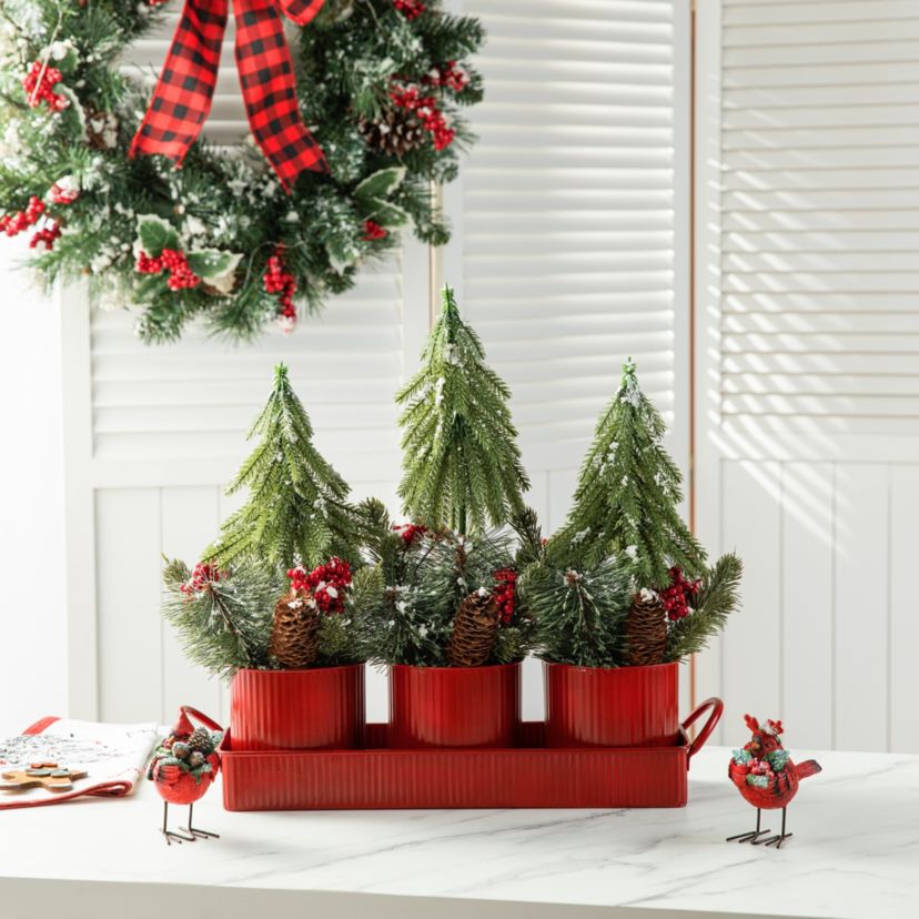 21"L Christmas Metal Potted Triple Trees Centerpiece or Table Tree