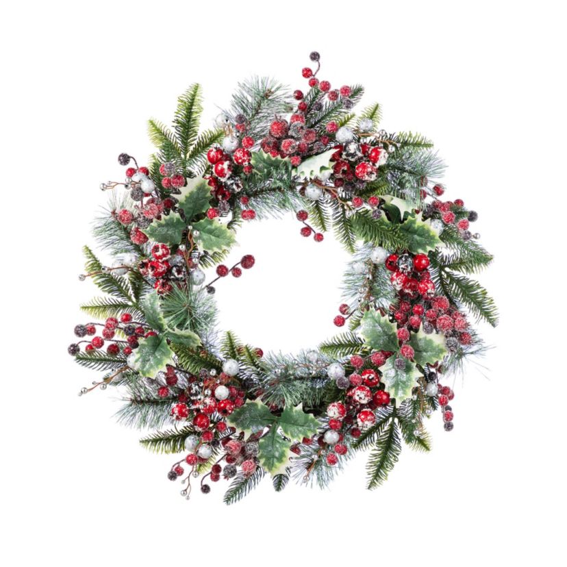 24"D Christmas Red Pomegranate Berry & Holy Leaf Wreath