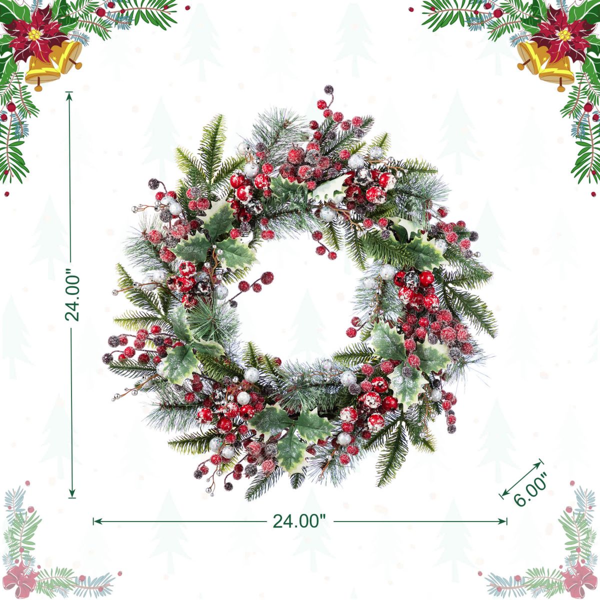 24"D Christmas Red Pomegranate Berry & Holy Leaf Wreath