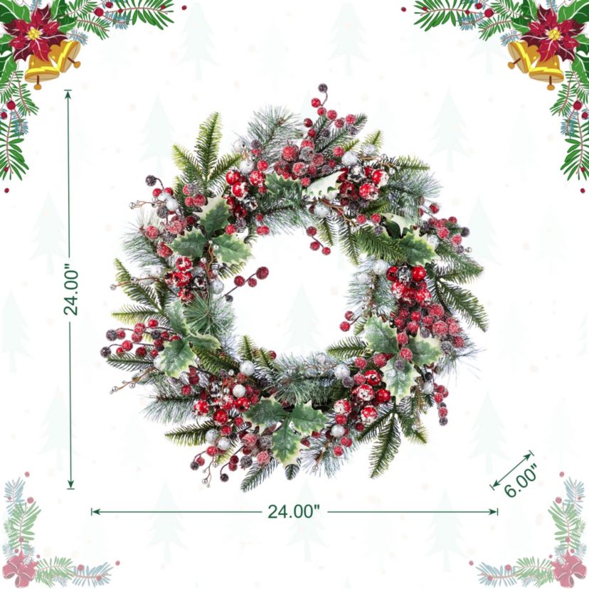 24"D Christmas Red Pomegranate Berry & Holy Leaf Wreath