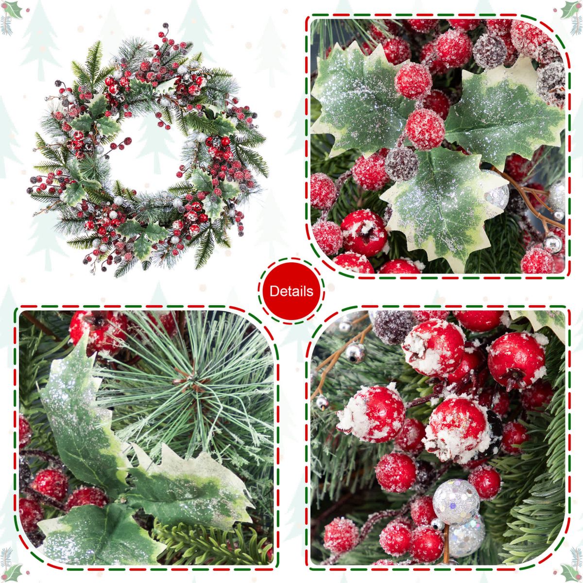 24"D Christmas Red Pomegranate Berry & Holy Leaf Wreath