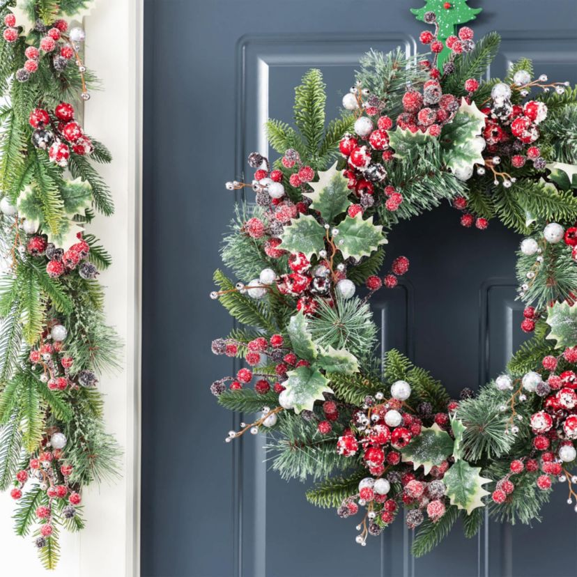 24"D Christmas Red Pomegranate Berry & Holy Leaf Wreath